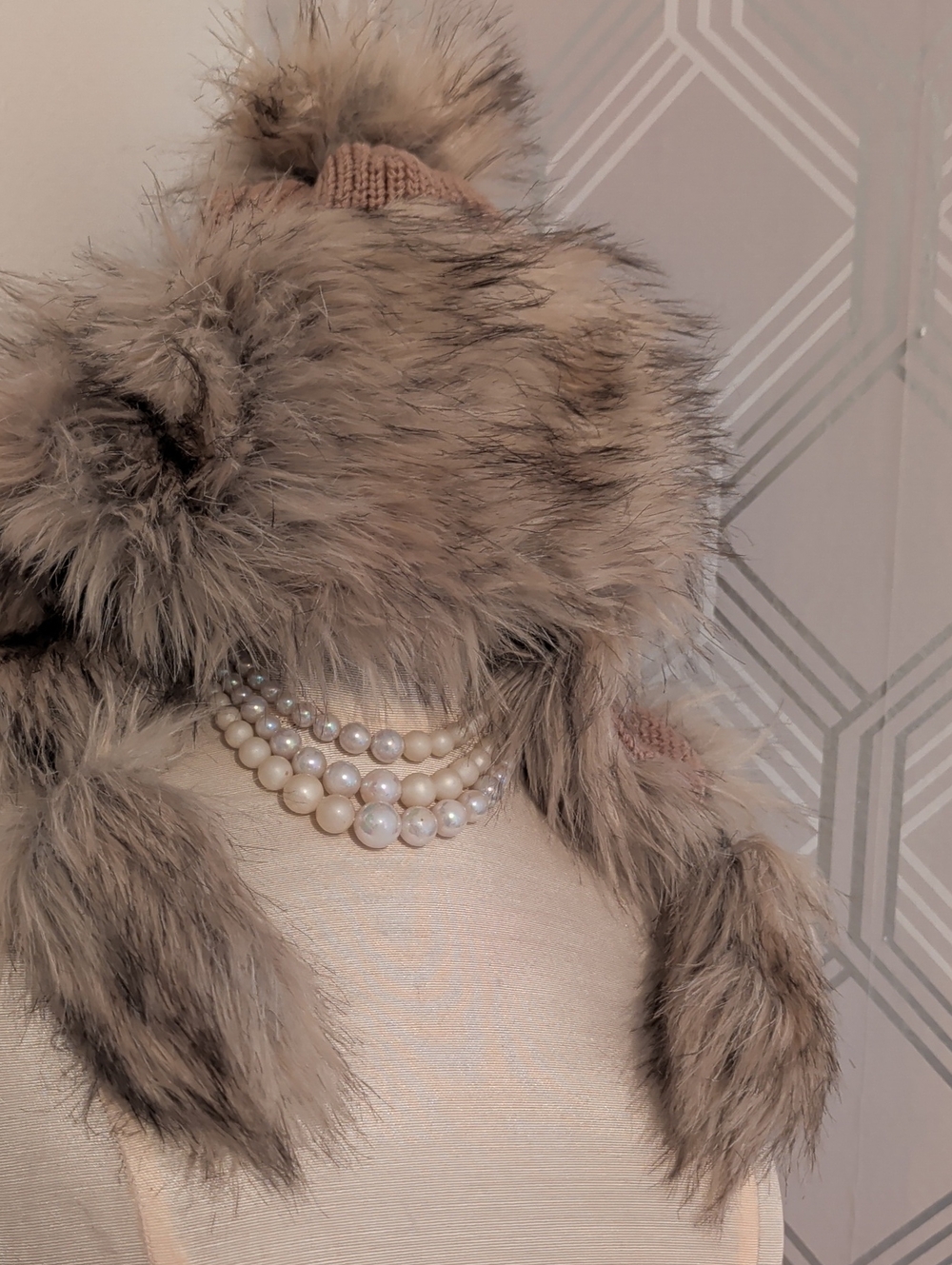 Women's Taupe Faux Fur Trapper Hat with Pom and Ear Flaps